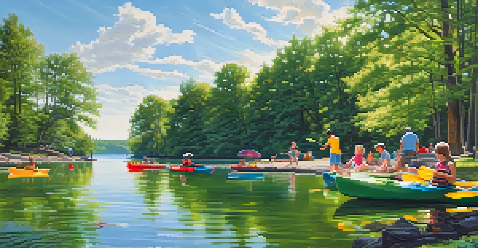 Families enjoying a summer picnic by the lake at Chain O' Lakes State Park, with kayaks in the water.