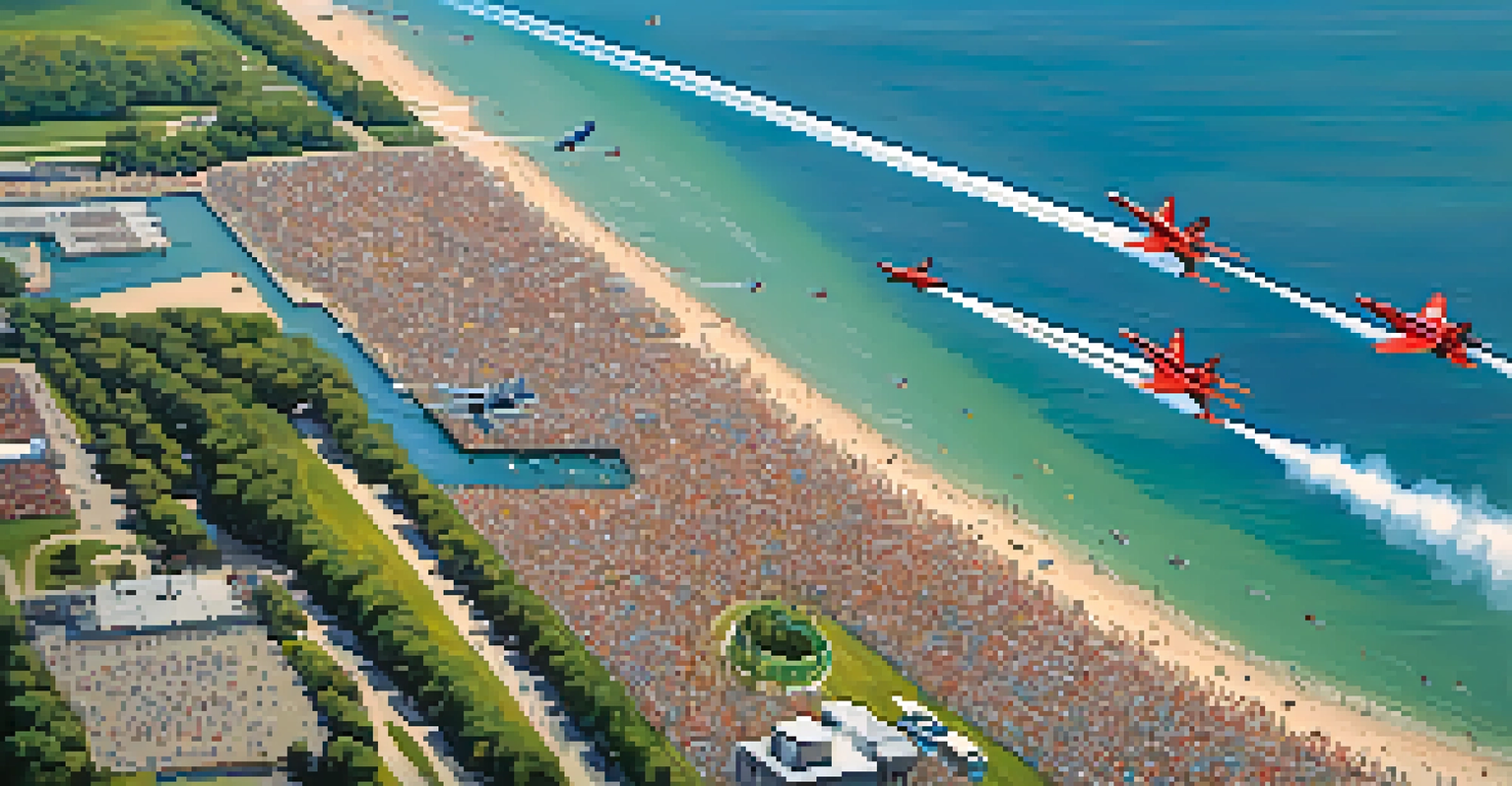 An aerial view of the Chicago Air and Water Show with jets performing over Lake Michigan and a crowd on the shore.