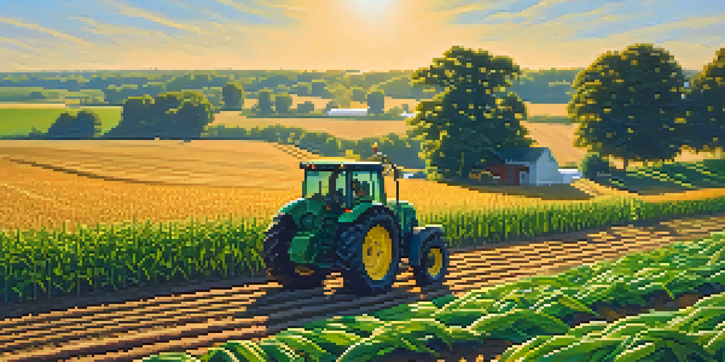 A farmer planting legumes on an Illinois farm with corn and soybean fields in the background under a sunny blue sky.