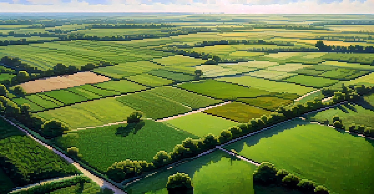 Aerial view of an agricultural landscape in Illinois with diverse cover crops in different shades of green.