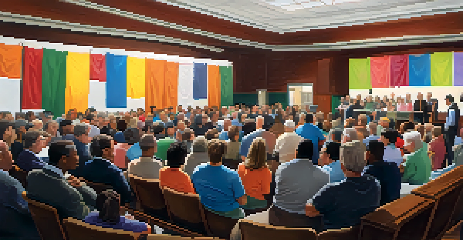 A community town hall meeting with diverse participants discussing local issues, colorful banners in the background, warmly lit room.