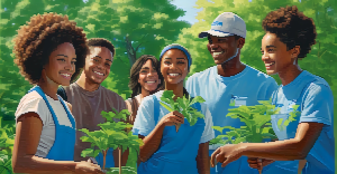 A diverse group of young individuals planting trees in a sunny park, demonstrating teamwork and community spirit.