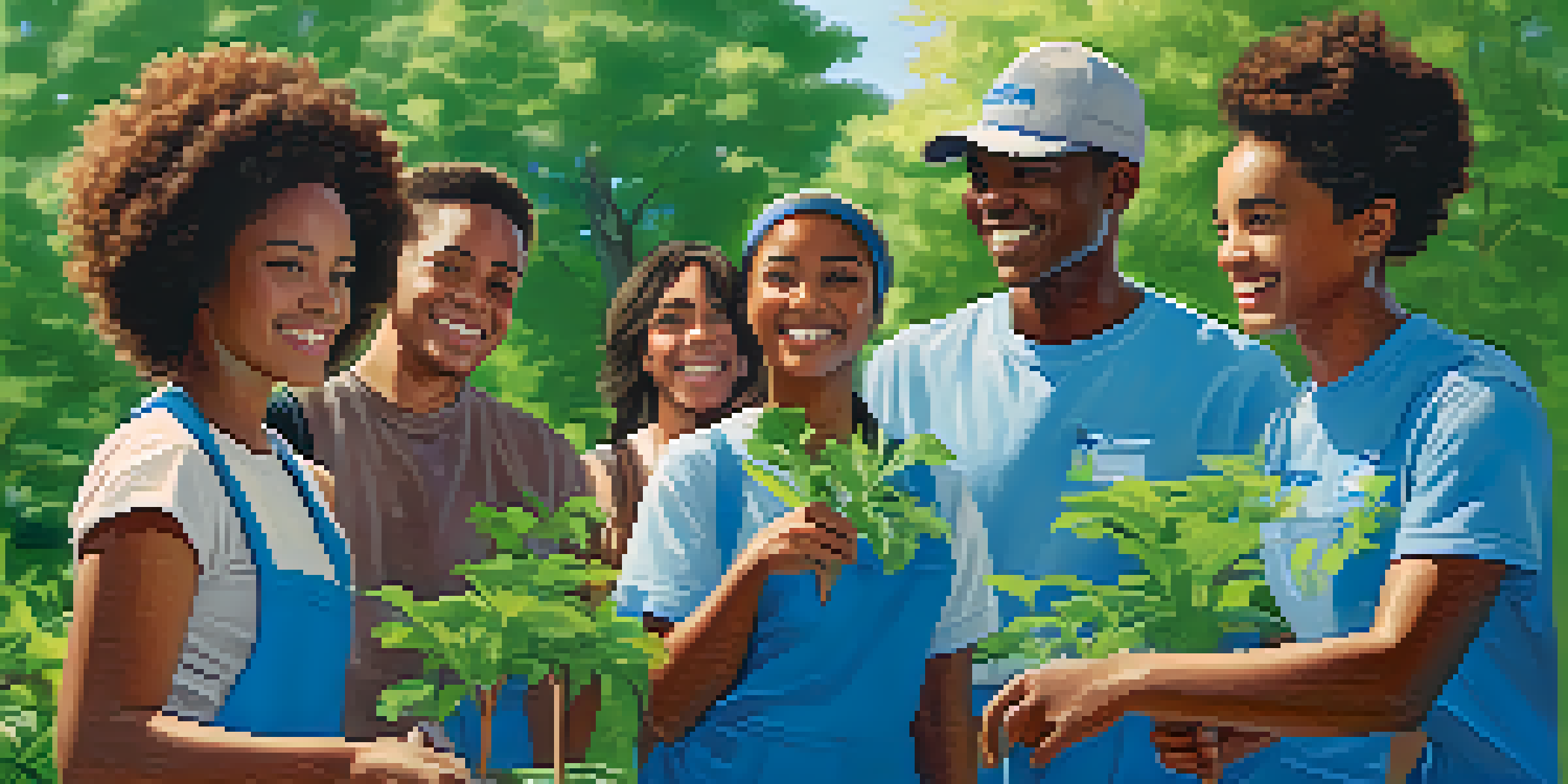 A diverse group of young individuals planting trees in a sunny park, demonstrating teamwork and community spirit.
