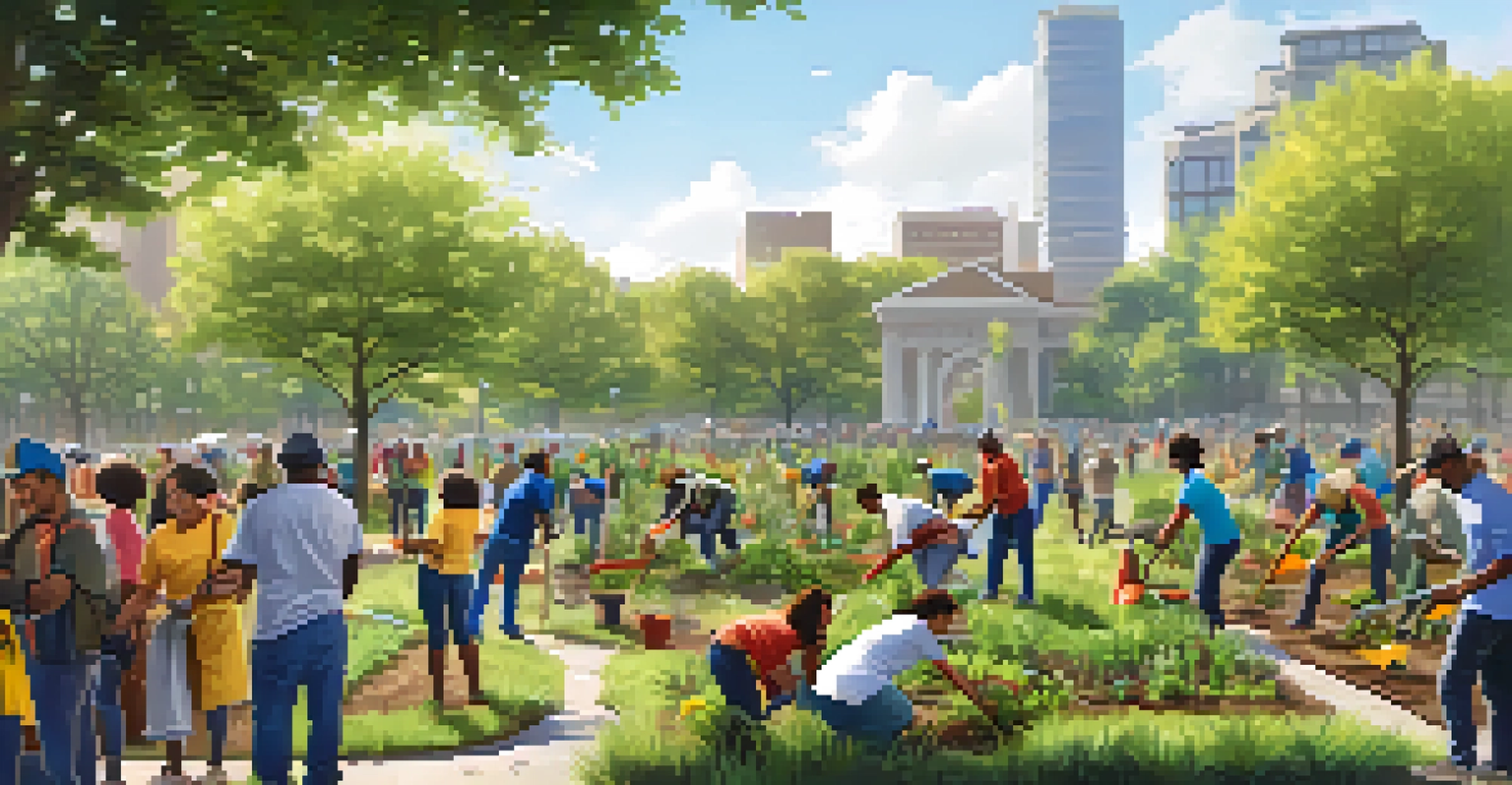 A lively community event in a park with people planting trees and cleaning up, surrounded by greenery and vibrant gardening tools.