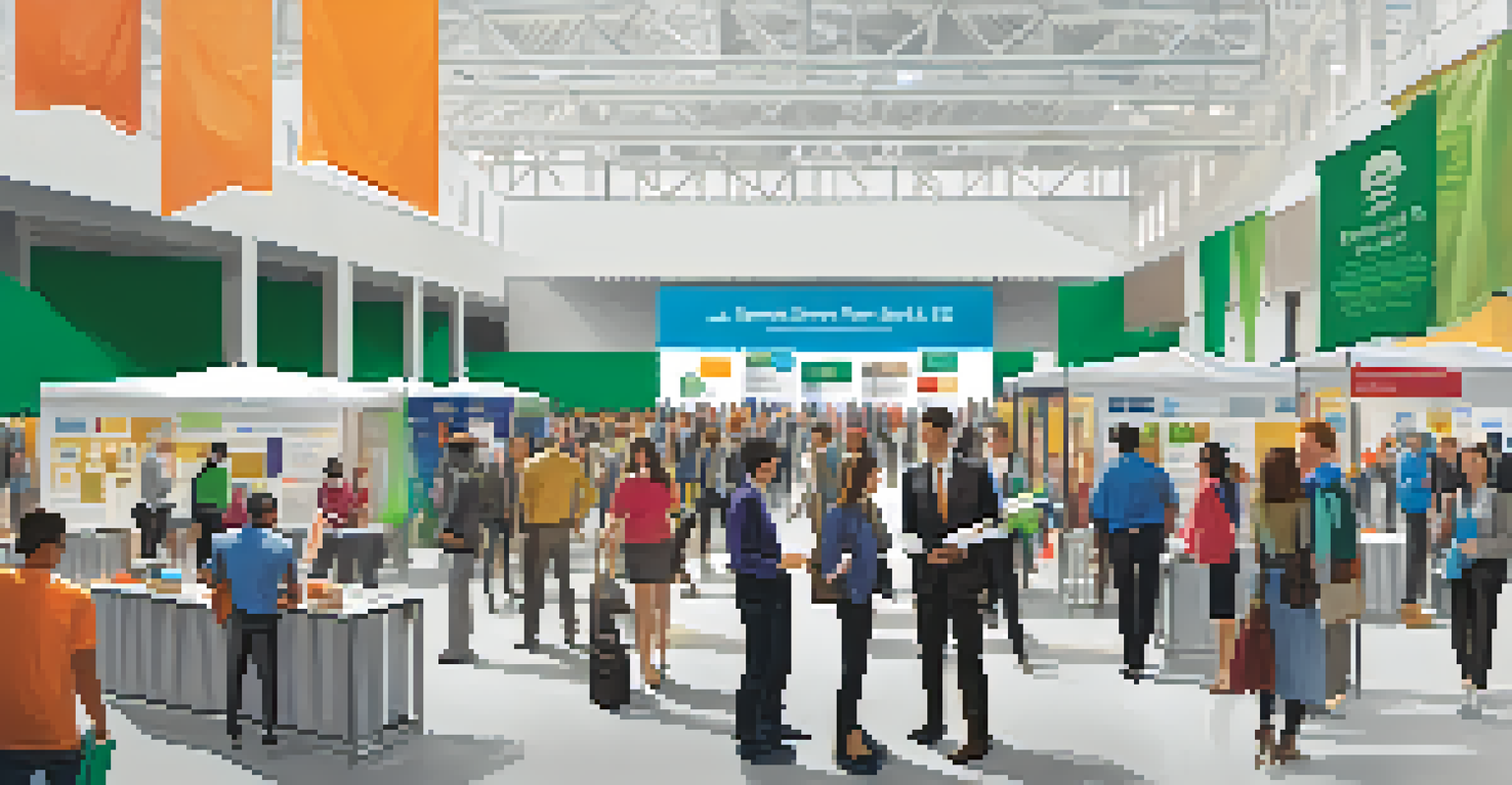 Students interacting with employers at a college career fair, with various booths and colorful banners in the background.