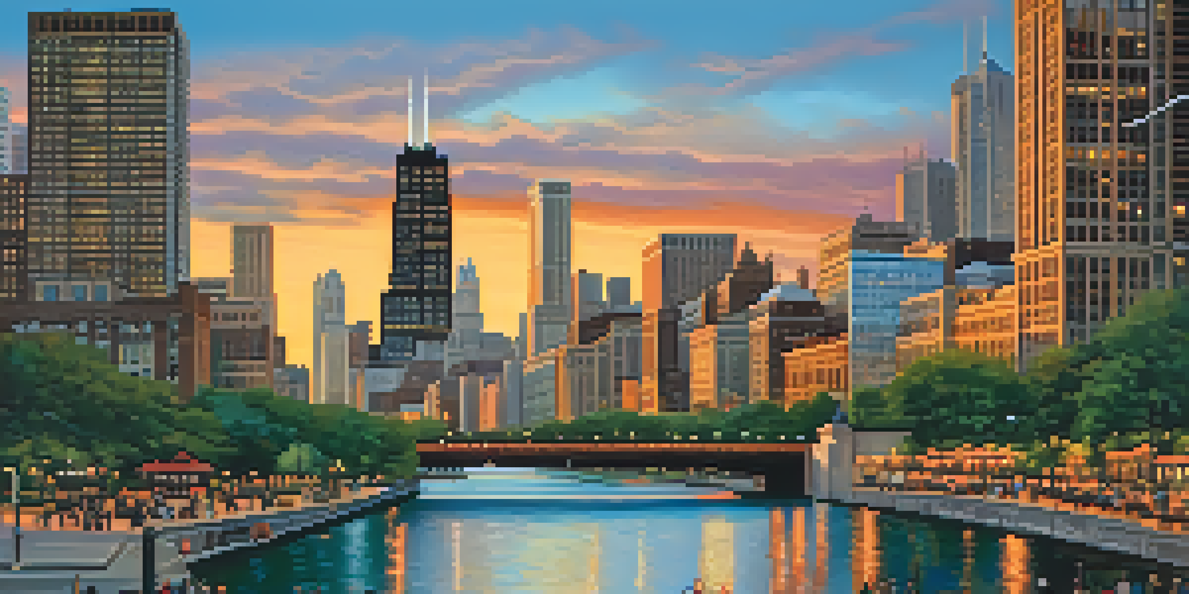 A sunset view of Chicago's skyline with bustling streets filled with pedestrians and cyclists, highlighting the city's economic vibrancy.