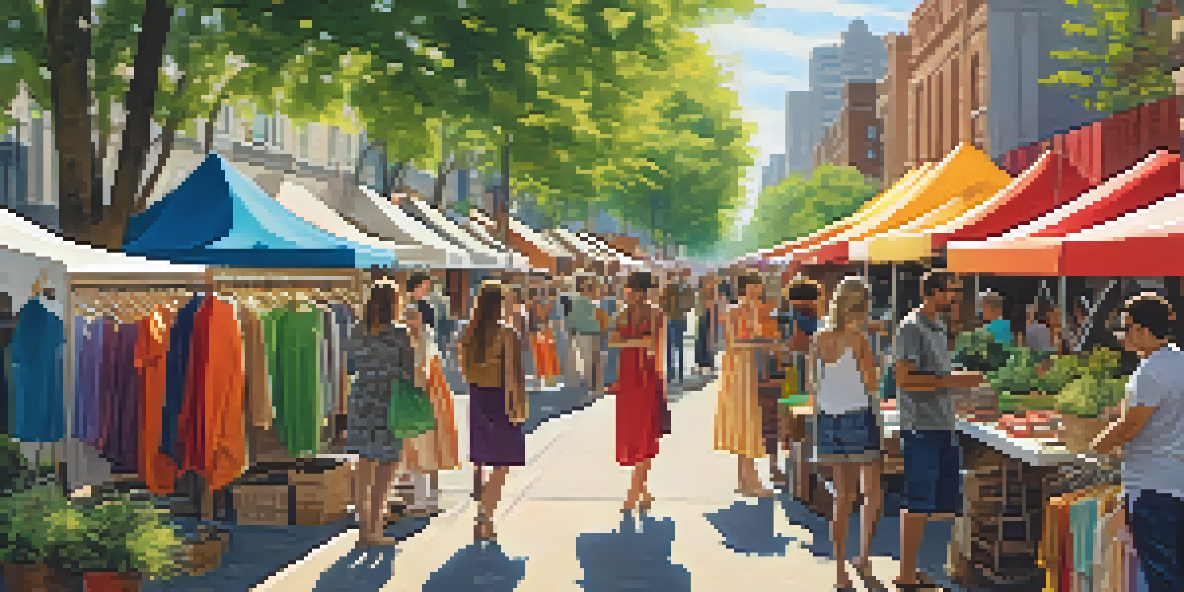 A bustling market scene with colorful tents selling eco-friendly clothing and accessories, surrounded by shoppers and artisans, under a sunny sky.
