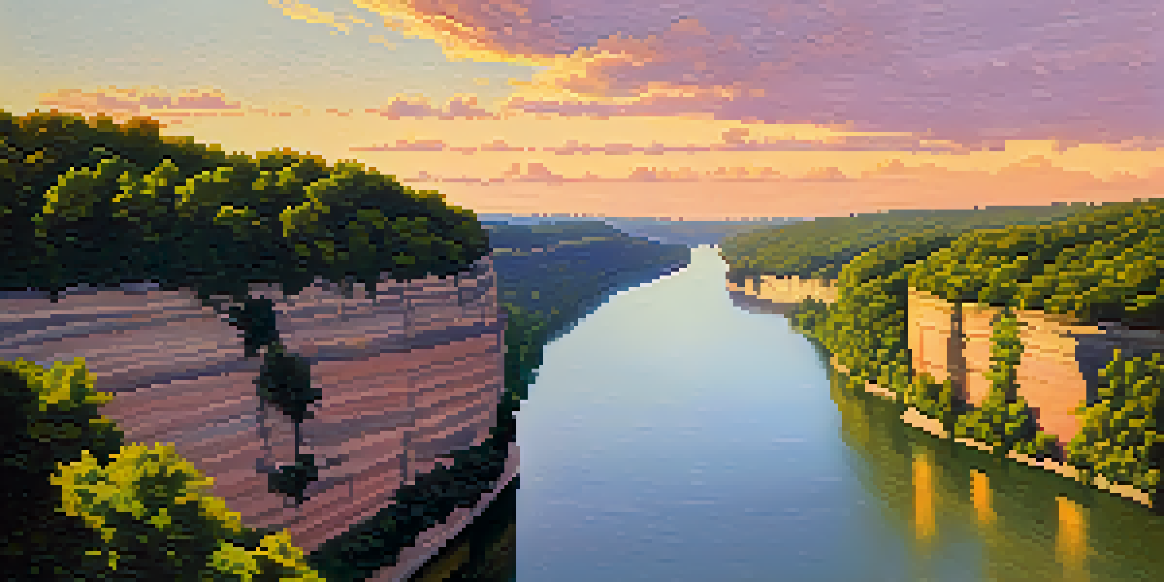 A picturesque sunset view of the Illinois River surrounded by green canyons and rocky cliffs in Starved Rock State Park.