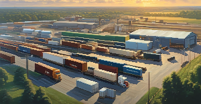 A busy freight transportation hub in Illinois with trucks on a highway, railroads, and warehouses under warm sunlight during golden hour.