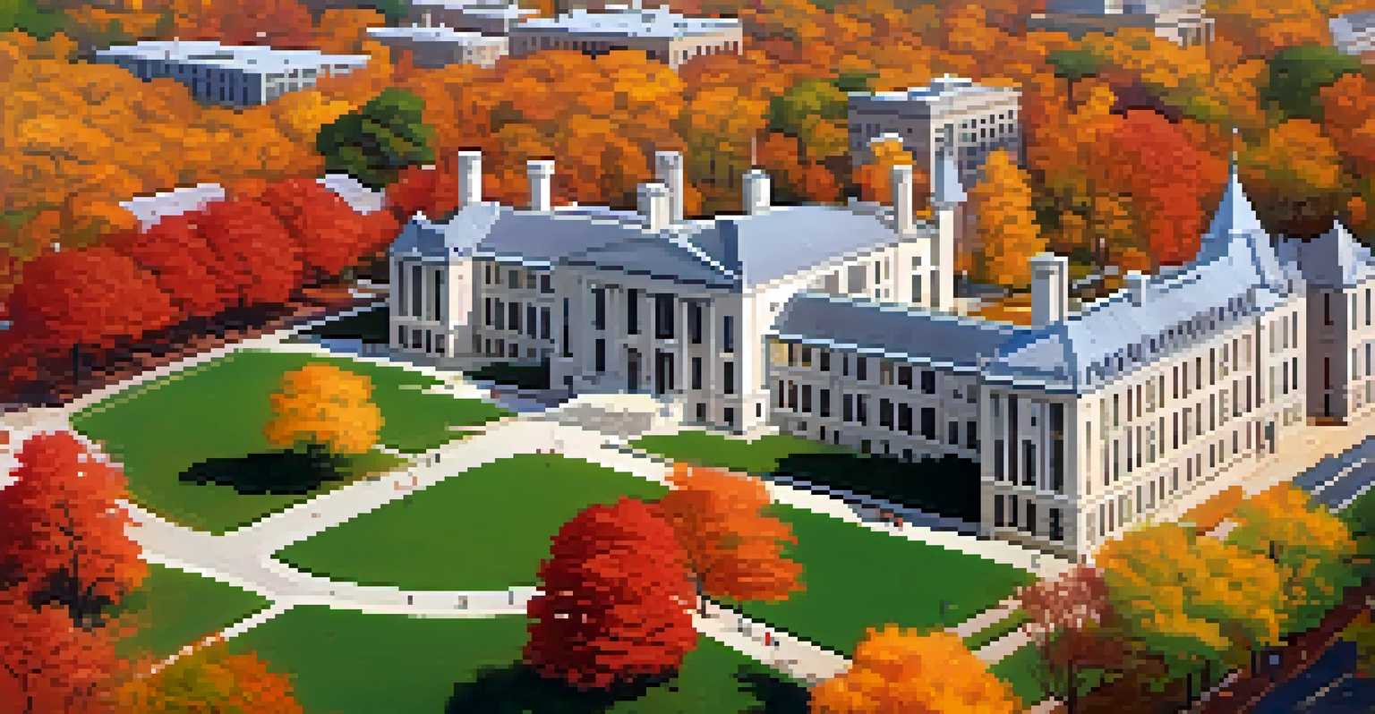 An aerial view of Northwestern University surrounded by colorful autumn trees and a lake.