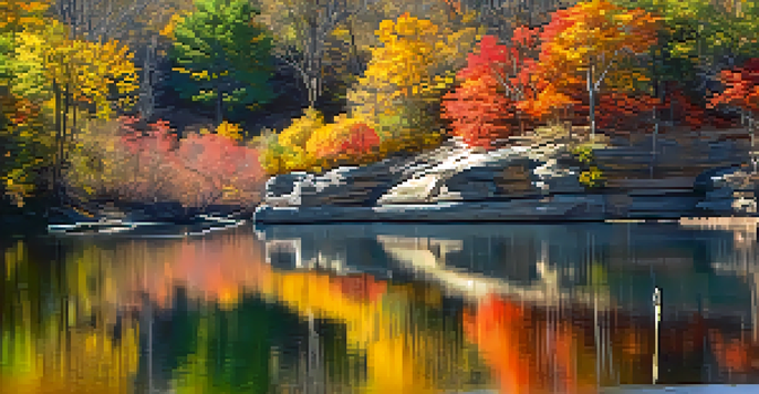A picturesque autumn scene at Starved Rock State Park, featuring colorful foliage and sandstone cliffs reflected in a river.
