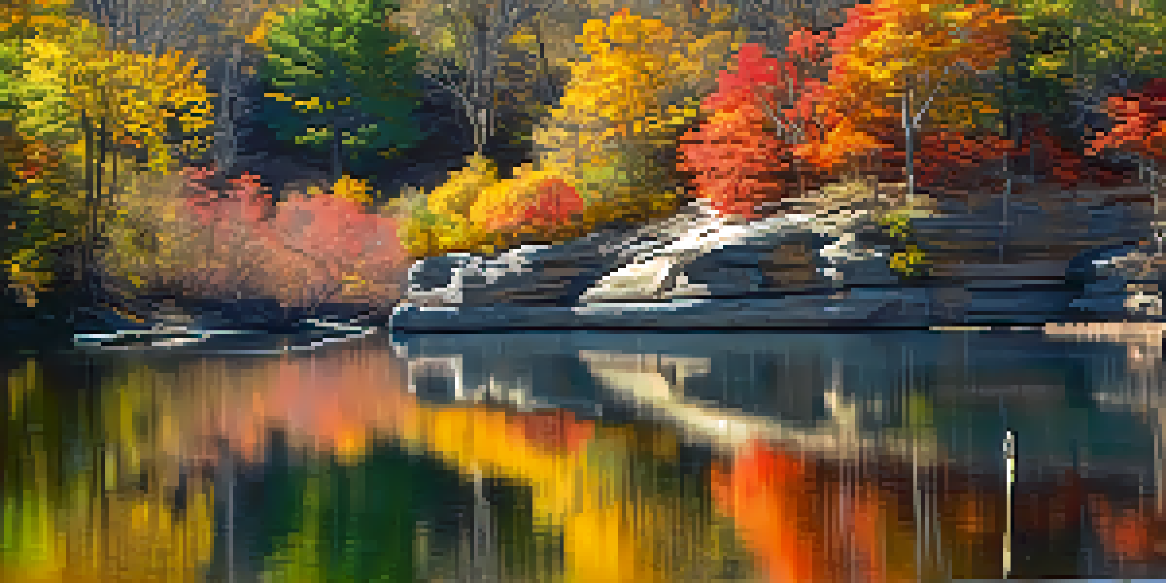 A picturesque autumn scene at Starved Rock State Park, featuring colorful foliage and sandstone cliffs reflected in a river.