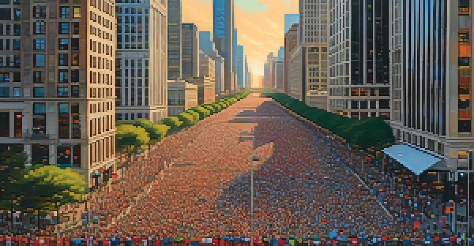 Aerial view of the Chicago Marathon with thousands of diverse runners and spectators, featuring the Chicago skyline at sunrise.
