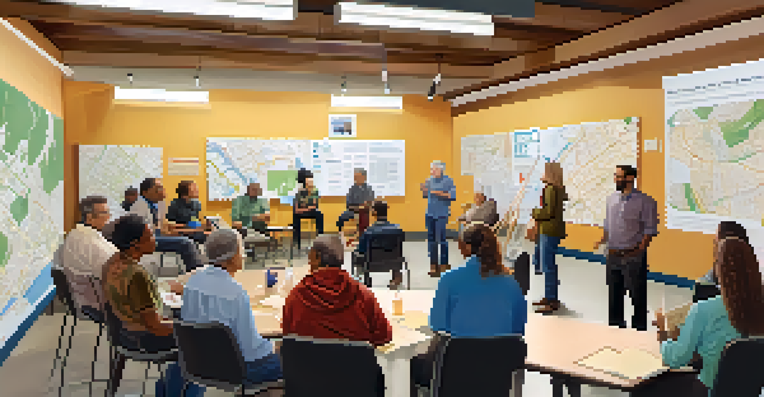 Residents engaged in a community meeting about transportation projects, with maps and charts in a local community center.