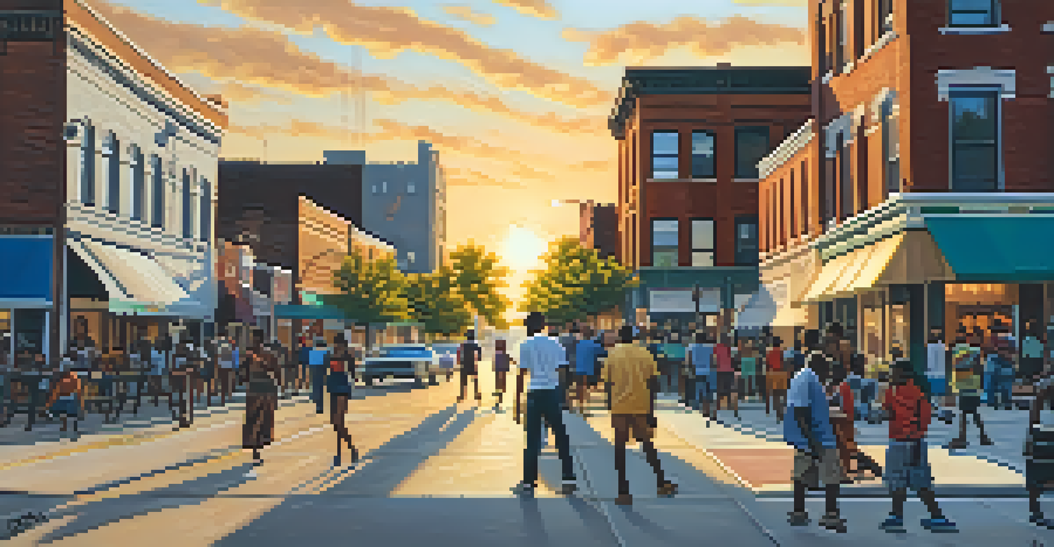 A lively street in Bronzeville showcasing historical architecture, colorful street art, and people engaging in community activities during sunset.