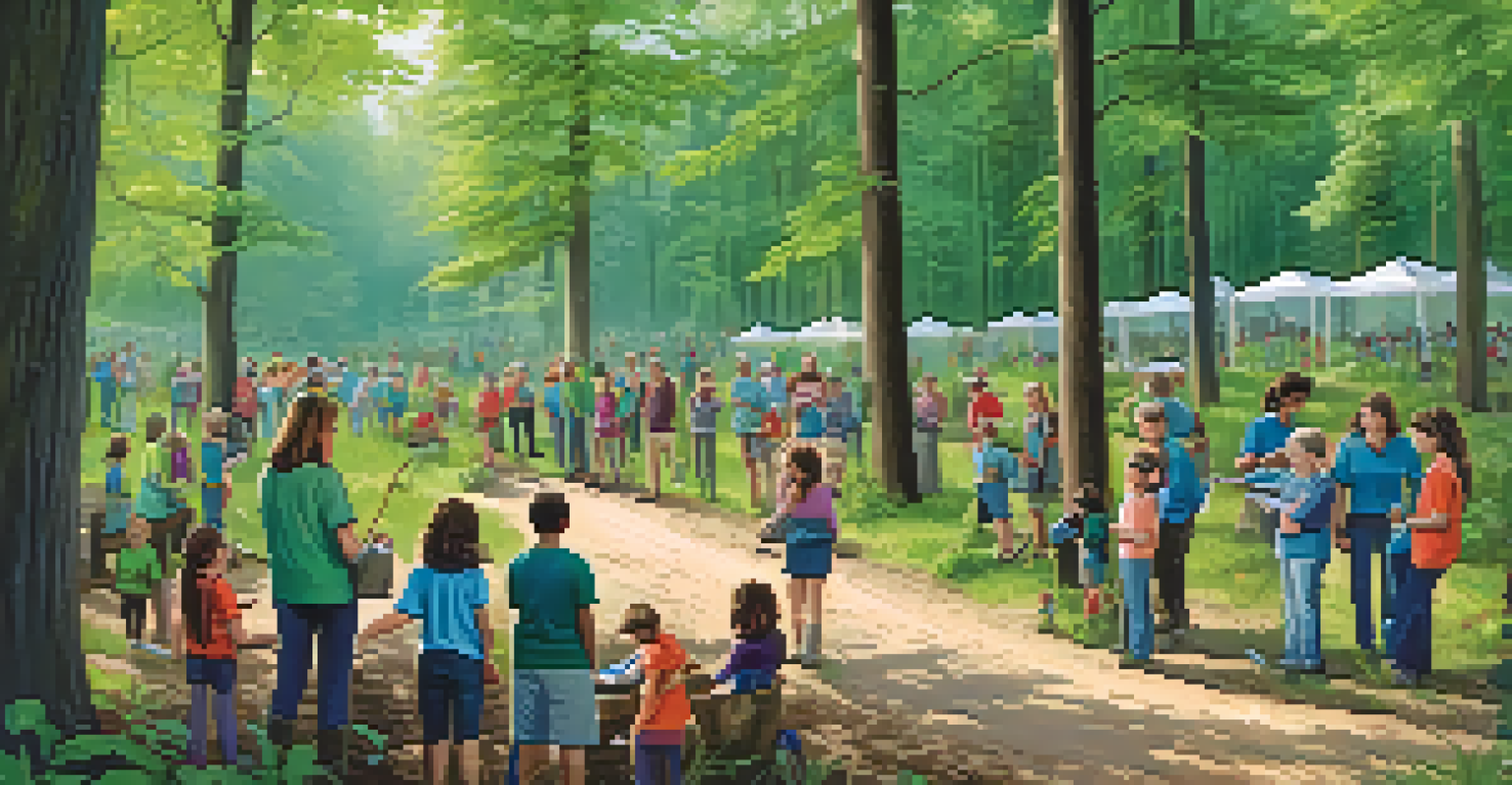 Families participating in a tree planting event in an Illinois forest, surrounded by greenery and a conservation banner.