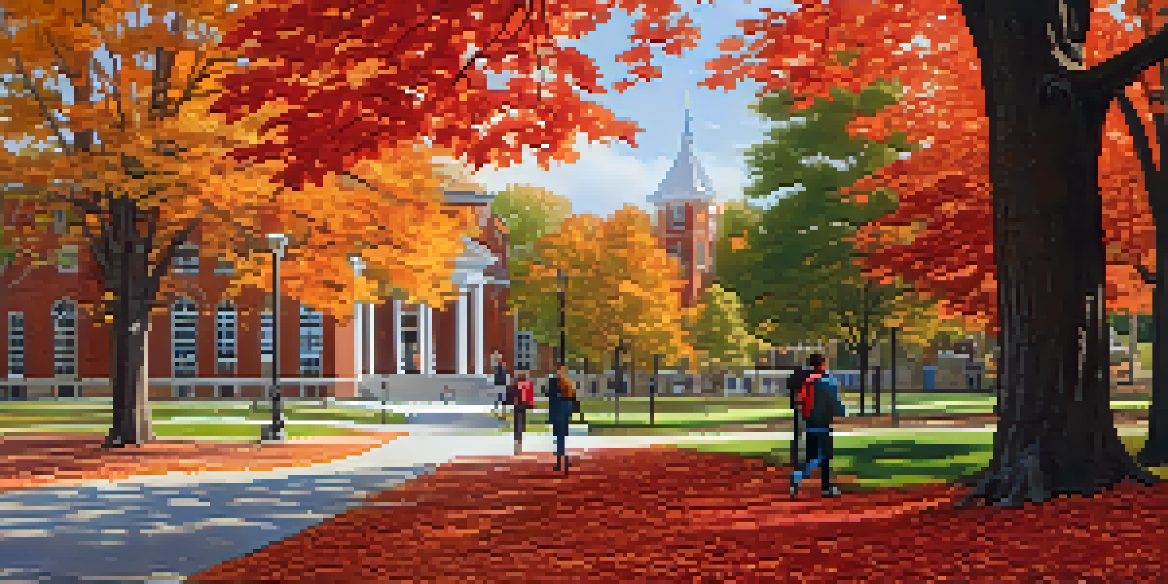 A picturesque scene of Illinois State University's campus in autumn, with colorful foliage and students walking.