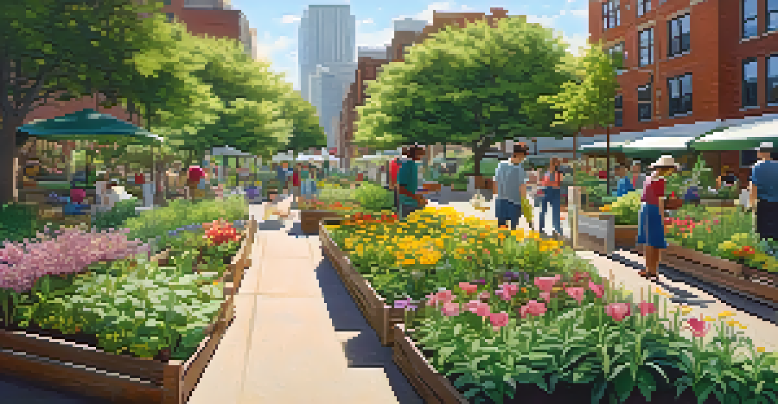A community garden in an urban setting with blooming flowers and people gardening.