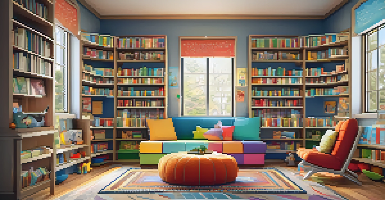 A cozy children's library corner filled with diverse children's books and colorful cushions.