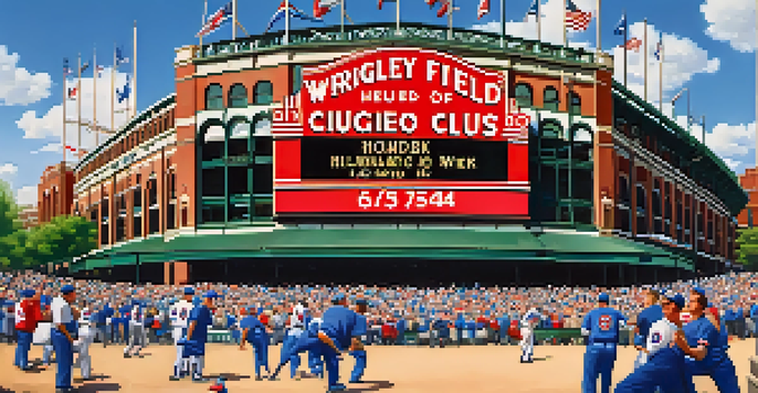 A lively baseball game at Wrigley Field with fans in Cubs jerseys and the iconic ivy-covered walls.