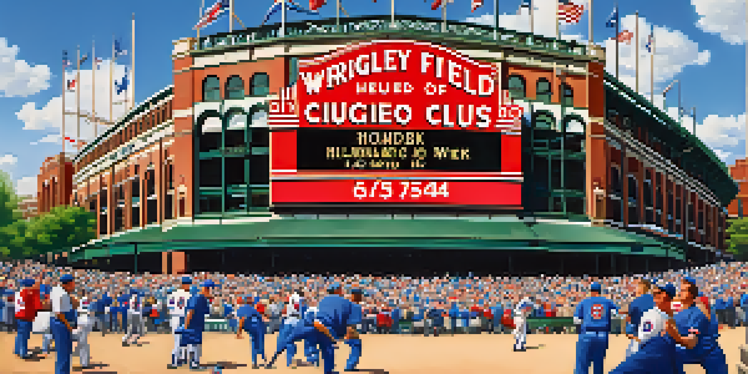 A lively baseball game at Wrigley Field with fans in Cubs jerseys and the iconic ivy-covered walls.