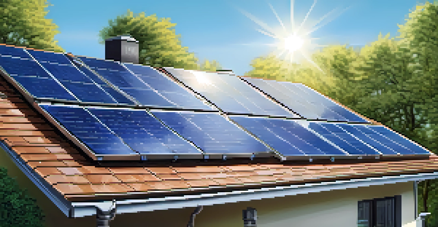 Close-up of solar panels on a rooftop with sunlight reflecting off them and a blue sky in the background.