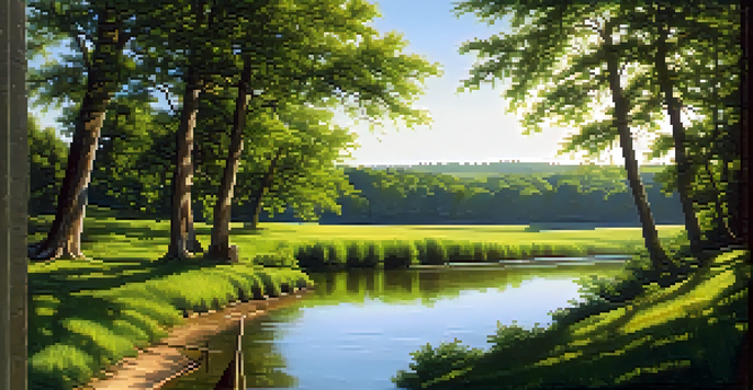 A peaceful landscape of Illinois with rolling hills, greenery, and a river under a blue sky.