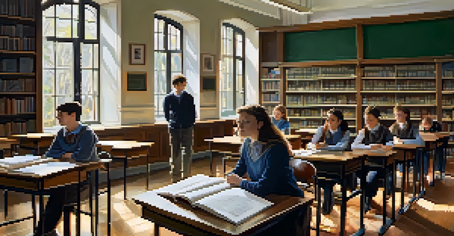 A small classroom with a professor teaching a group of attentive students, surrounded by bookshelves and natural light.