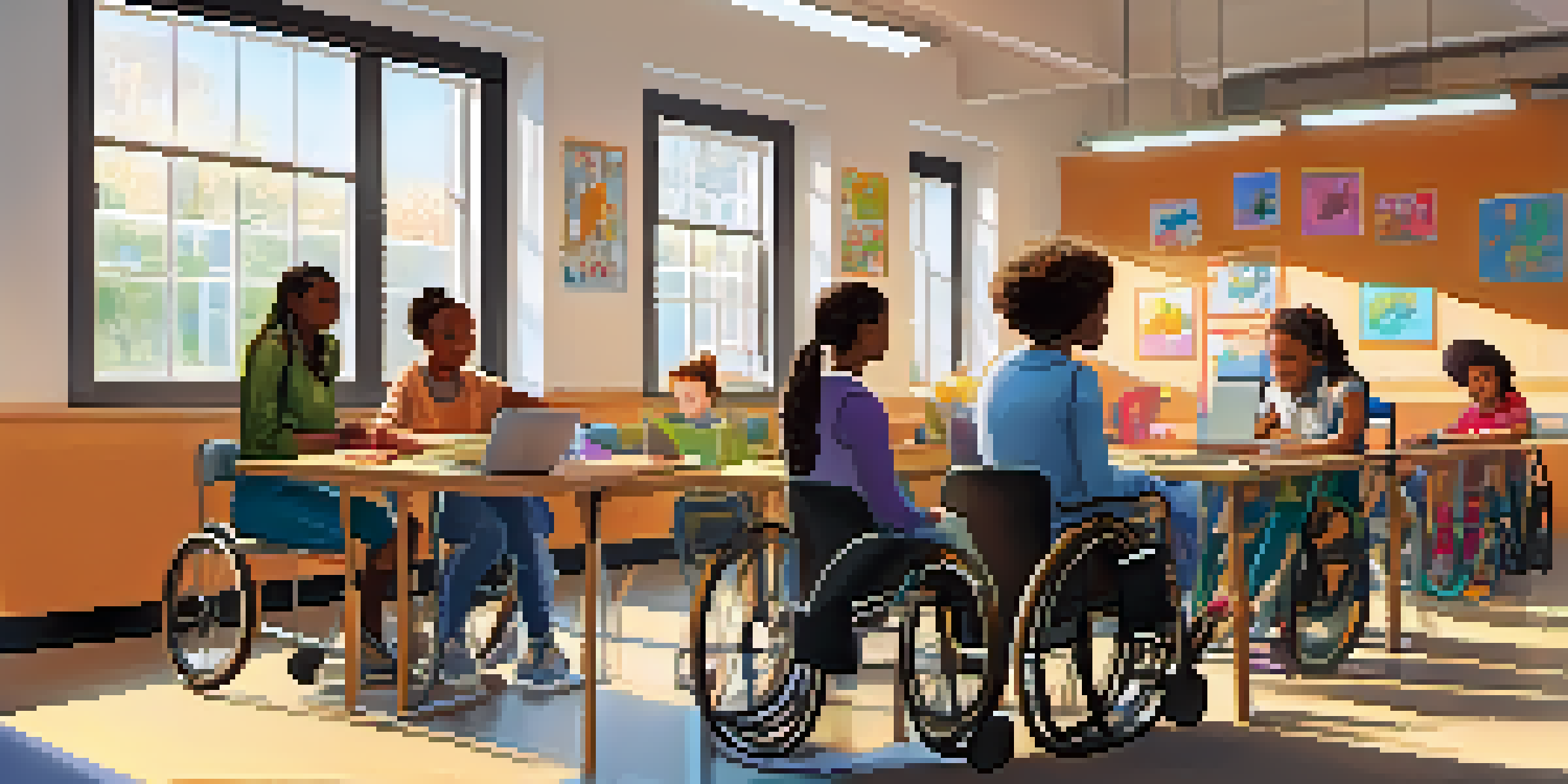 A vibrant classroom with students of different abilities participating in activities, featuring adaptive technology and a supportive teacher.