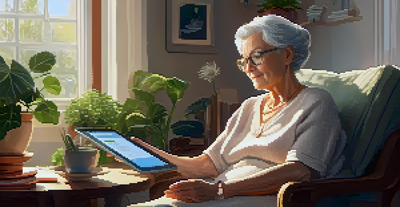 An elderly woman using a tablet for telehealth services at home in a cozy living room filled with plants and sunlight.