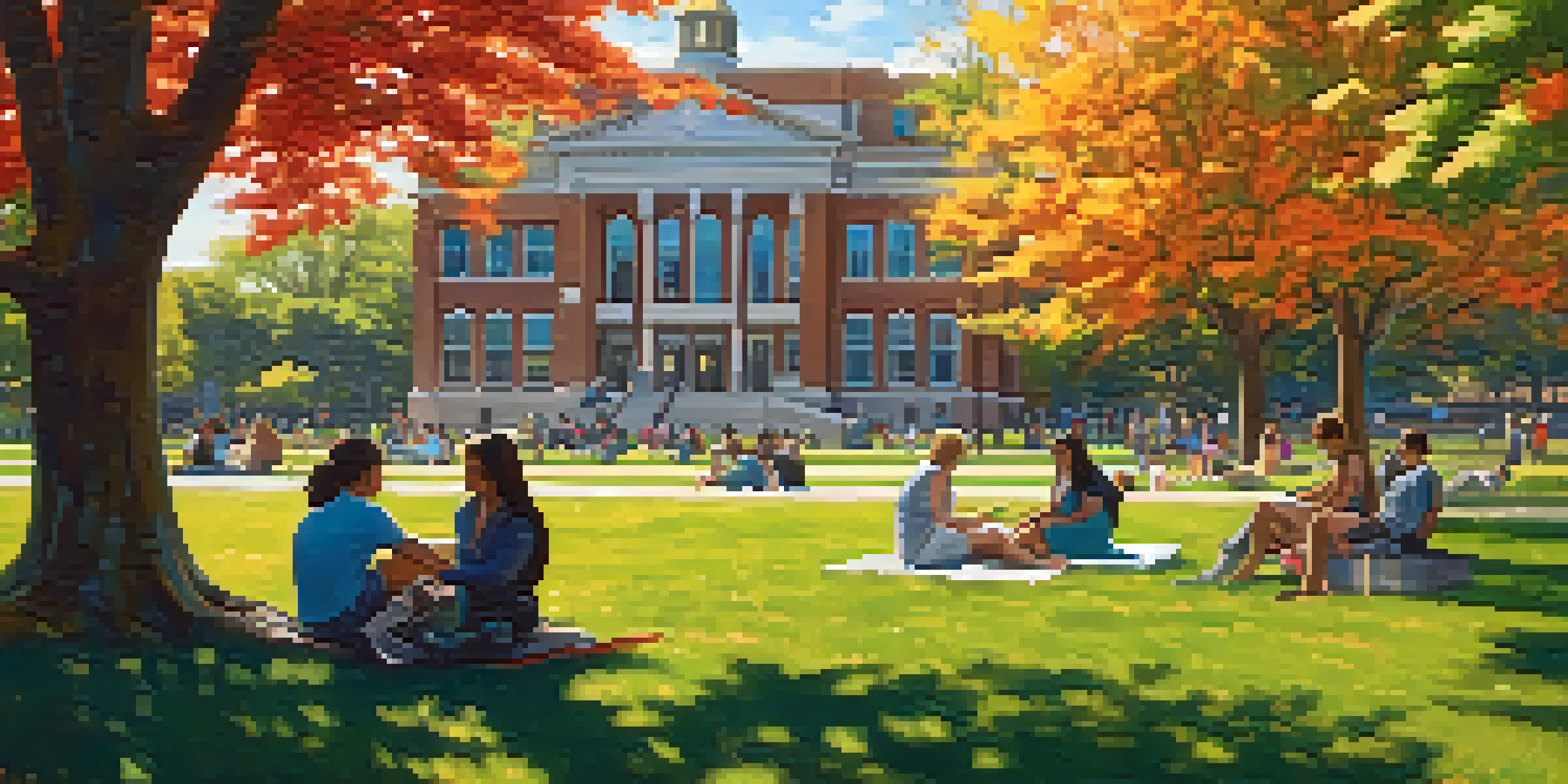 A sunny day at Illinois State University with diverse students studying and socializing on the grass, surrounded by flowers and university buildings in the background.