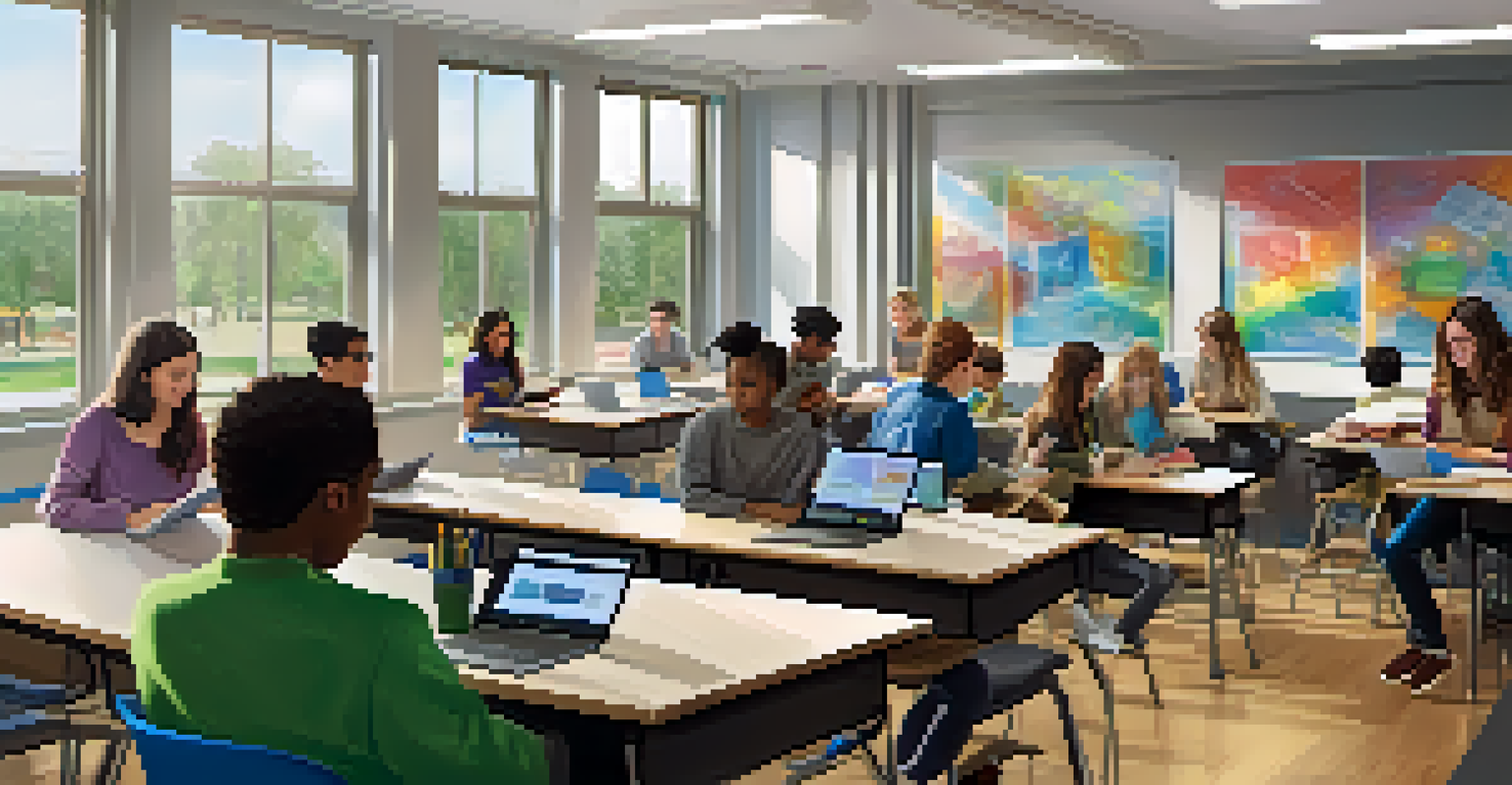 A modern classroom filled with students collaborating on a project, with natural light and educational materials around them.