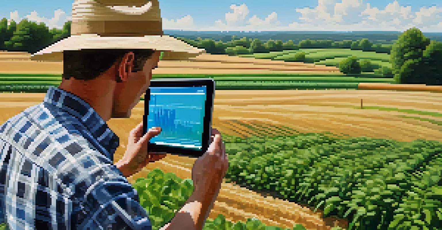 An Illinois farmer using a tablet in a crop field, wearing a plaid shirt and straw hat, with green fields in the background.