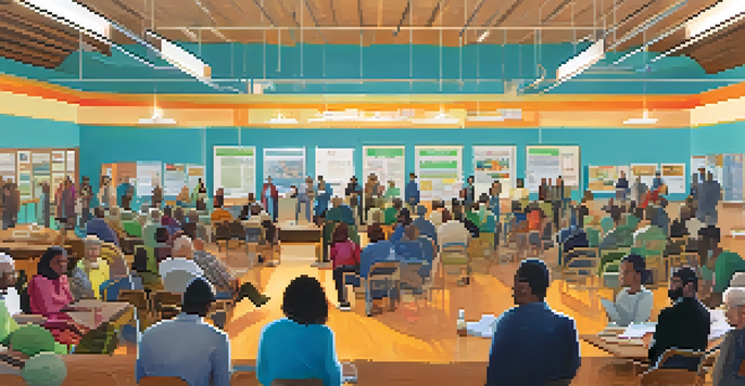 A community meeting with diverse residents discussing transportation plans and showcasing colorful posters about sustainability.