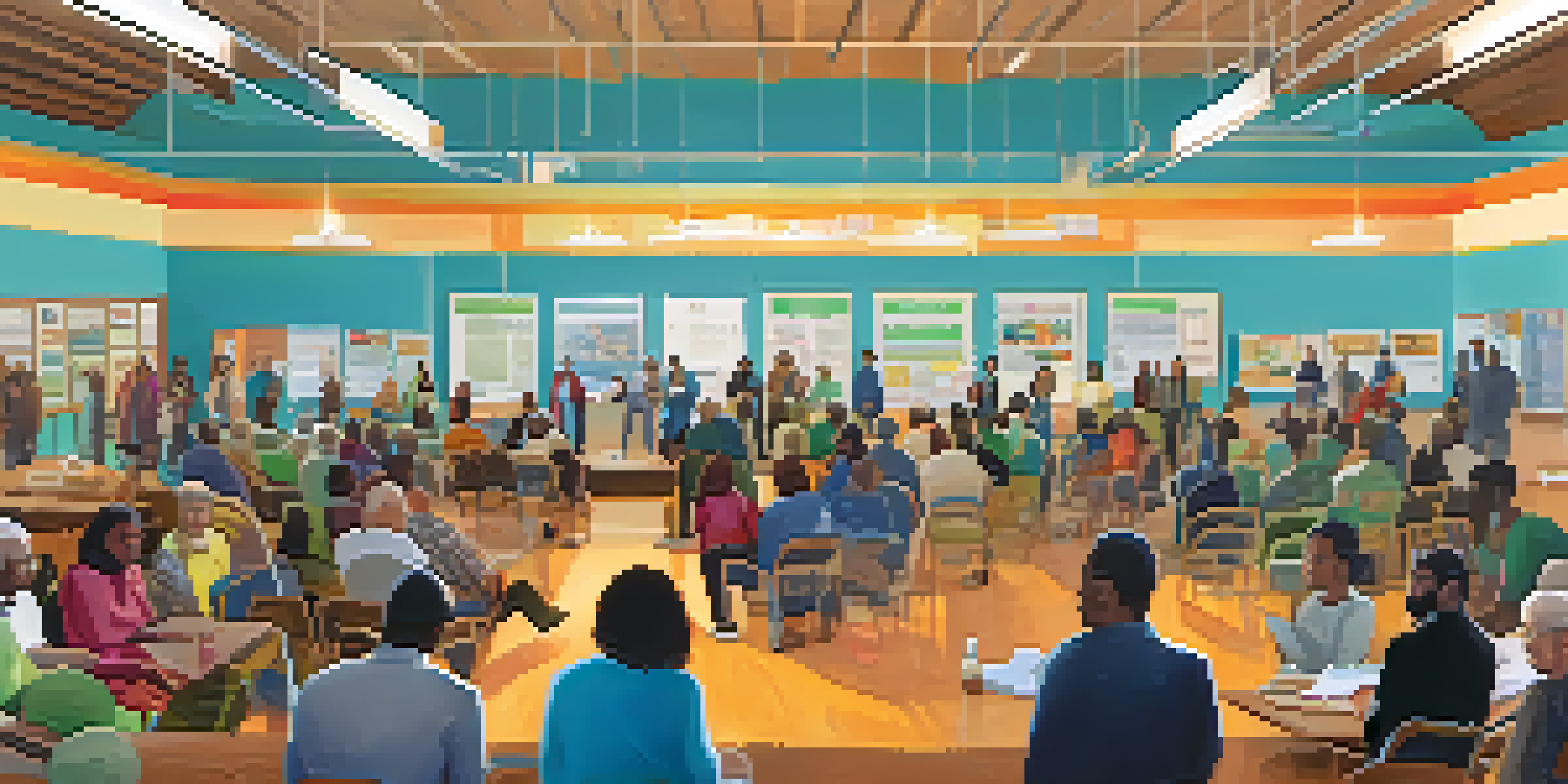 A community meeting with diverse residents discussing transportation plans and showcasing colorful posters about sustainability.