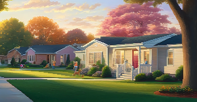 A peaceful suburban neighborhood in Illinois at sunset, with families outside and a home office visible through a window.