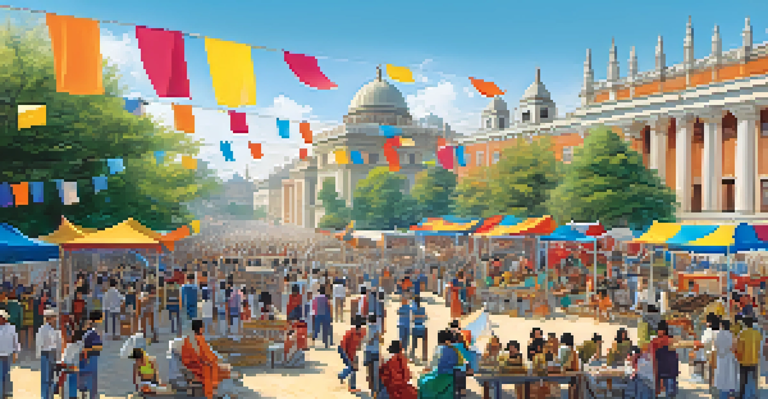 A vibrant cultural festival at a university with stalls, performances, and a diverse crowd enjoying the festivities.