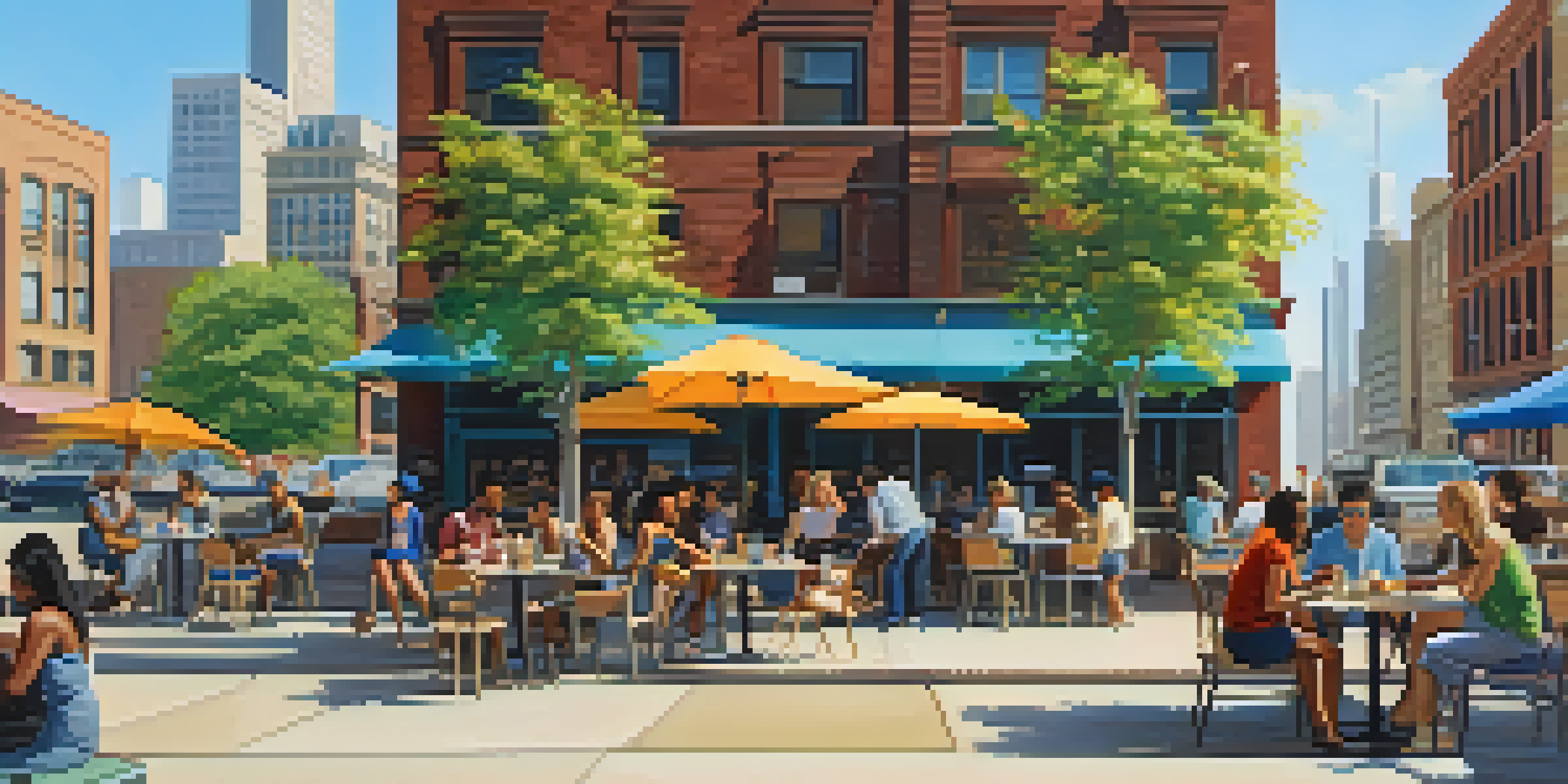 A diverse group of people engaging in activities in an urban café setting in Chicago, with the city skyline in the background.