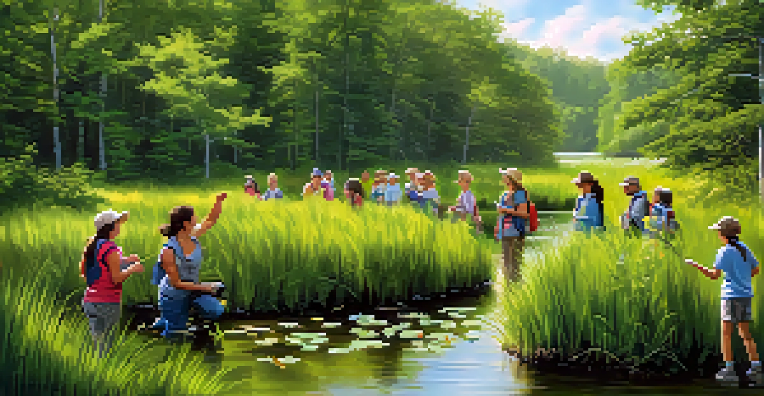 A nature walk in Cache River State Park, with a guide teaching participants about local plant species in a lush wetland environment.