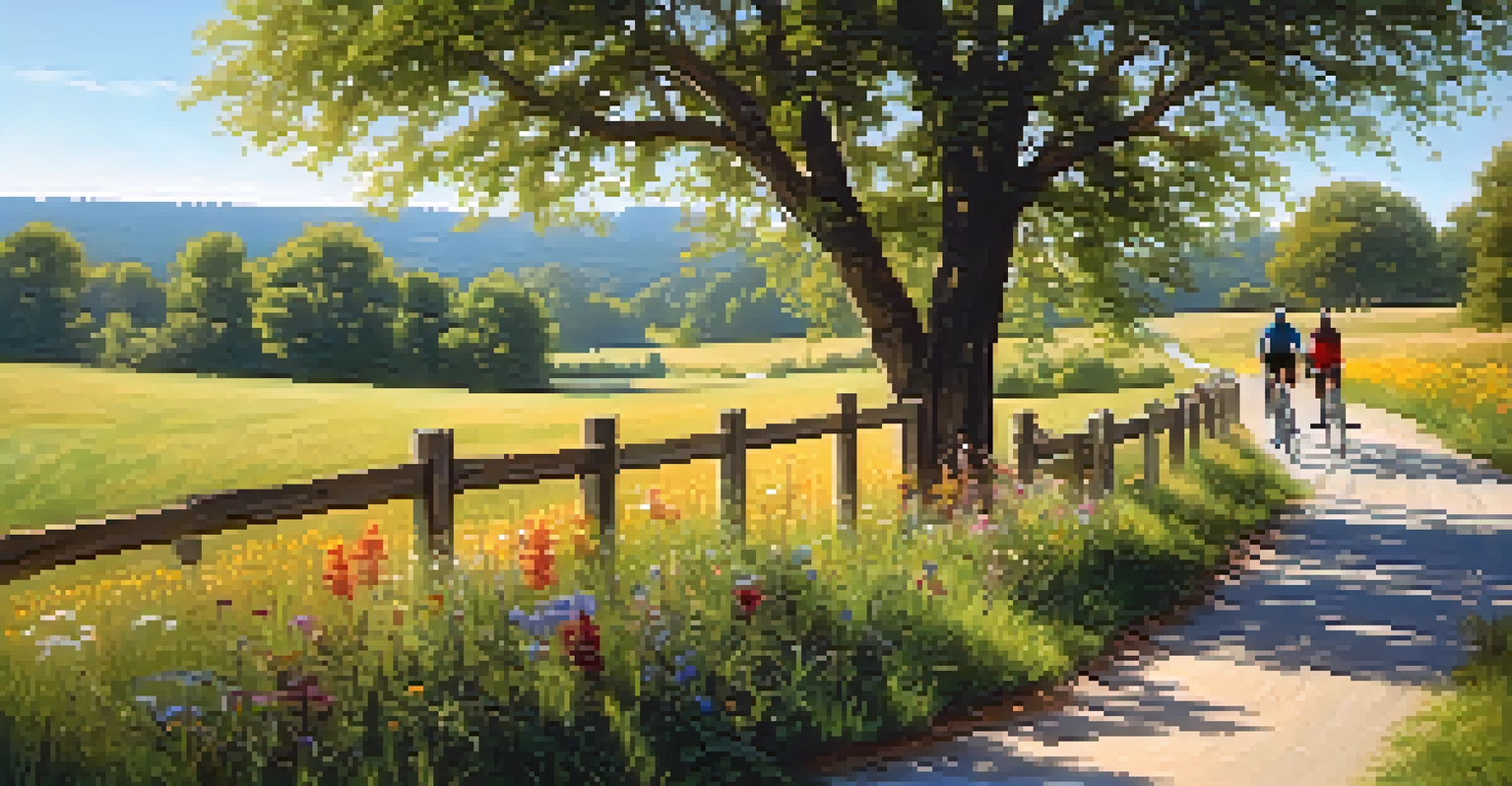 A serene rural trail with cyclists and pedestrians surrounded by trees and wildflowers, illuminated by soft afternoon light.