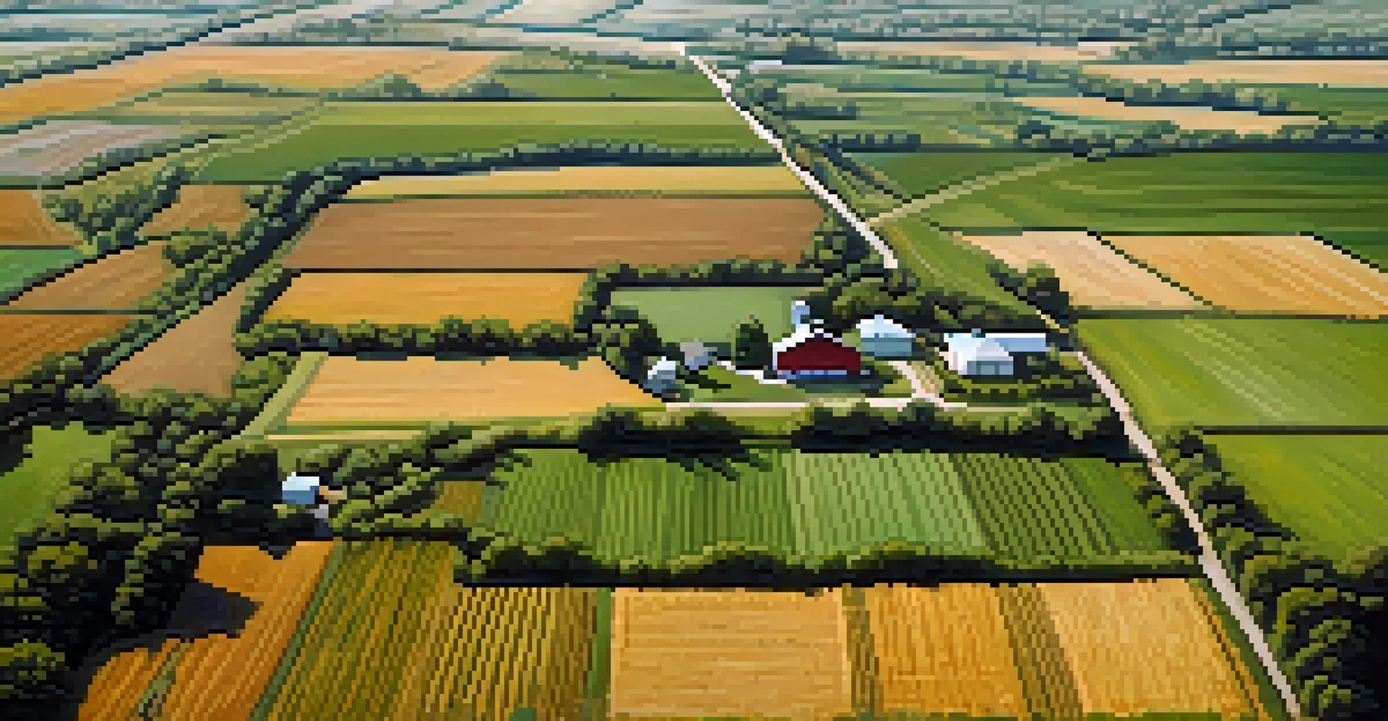 An aerial view of diverse agricultural fields in Illinois, showcasing corn, soybeans, and wheat.