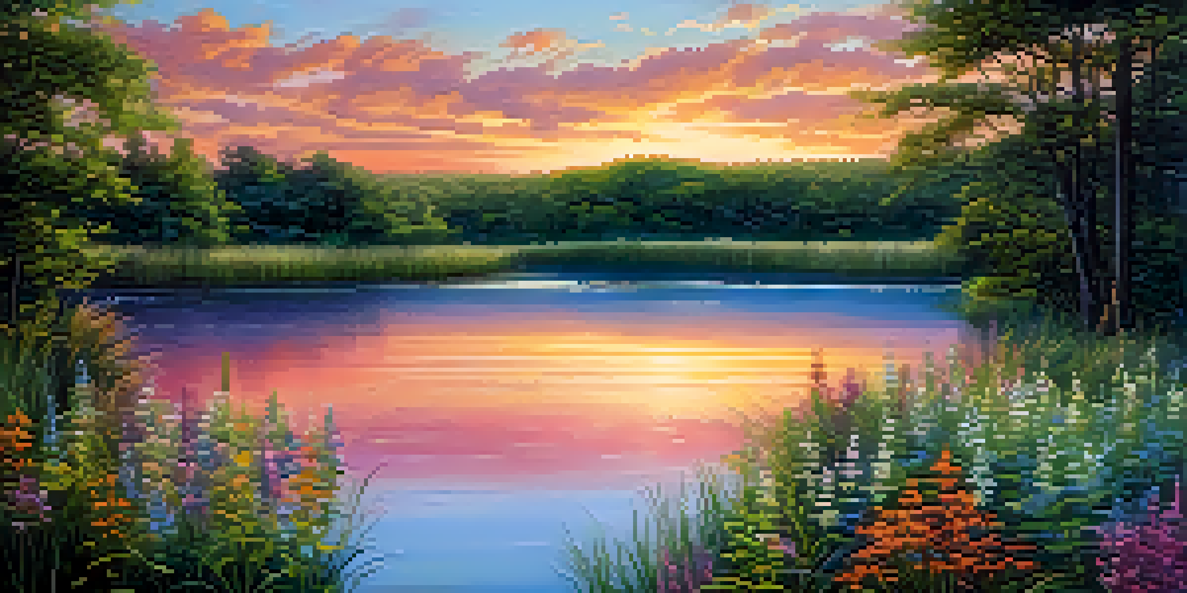 A peaceful lake surrounded by green plants and colorful flowers under a sunset sky.