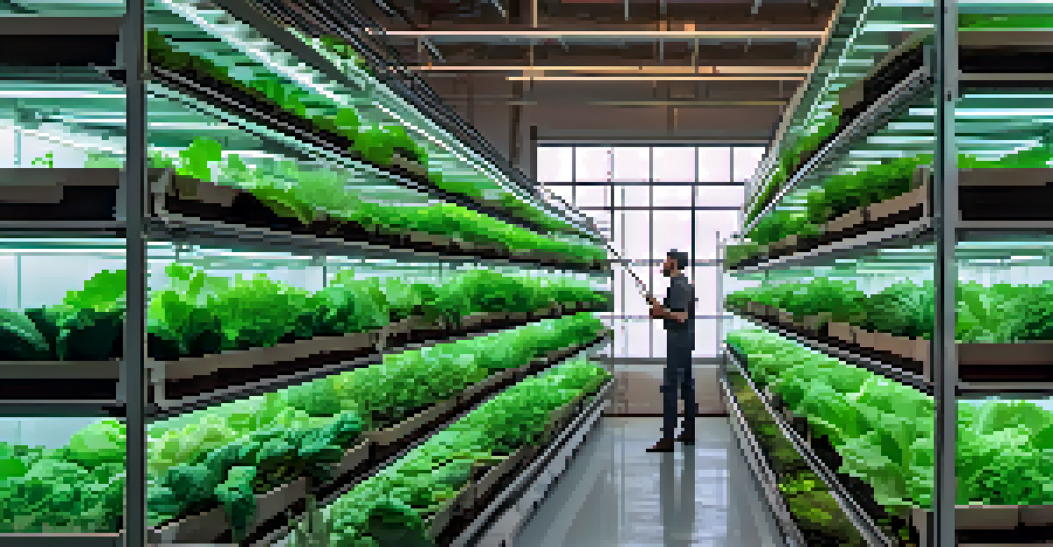 Vertical farm in a warehouse with stacked layers of green vegetables and a farmer tending to the crops under LED lights.
