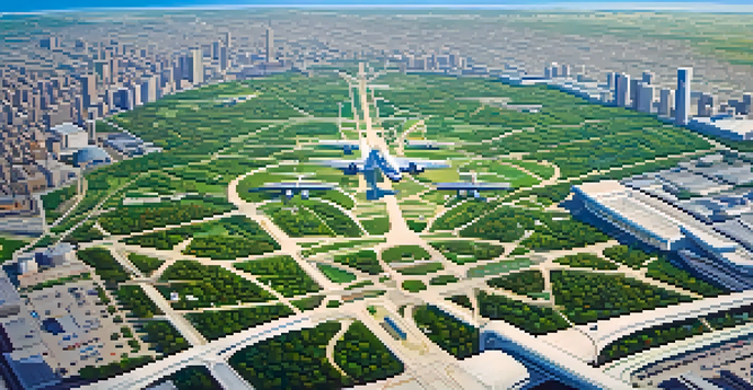 Aerial view of Chicago with O'Hare International Airport, planes in flight, city skyline, and green parks.