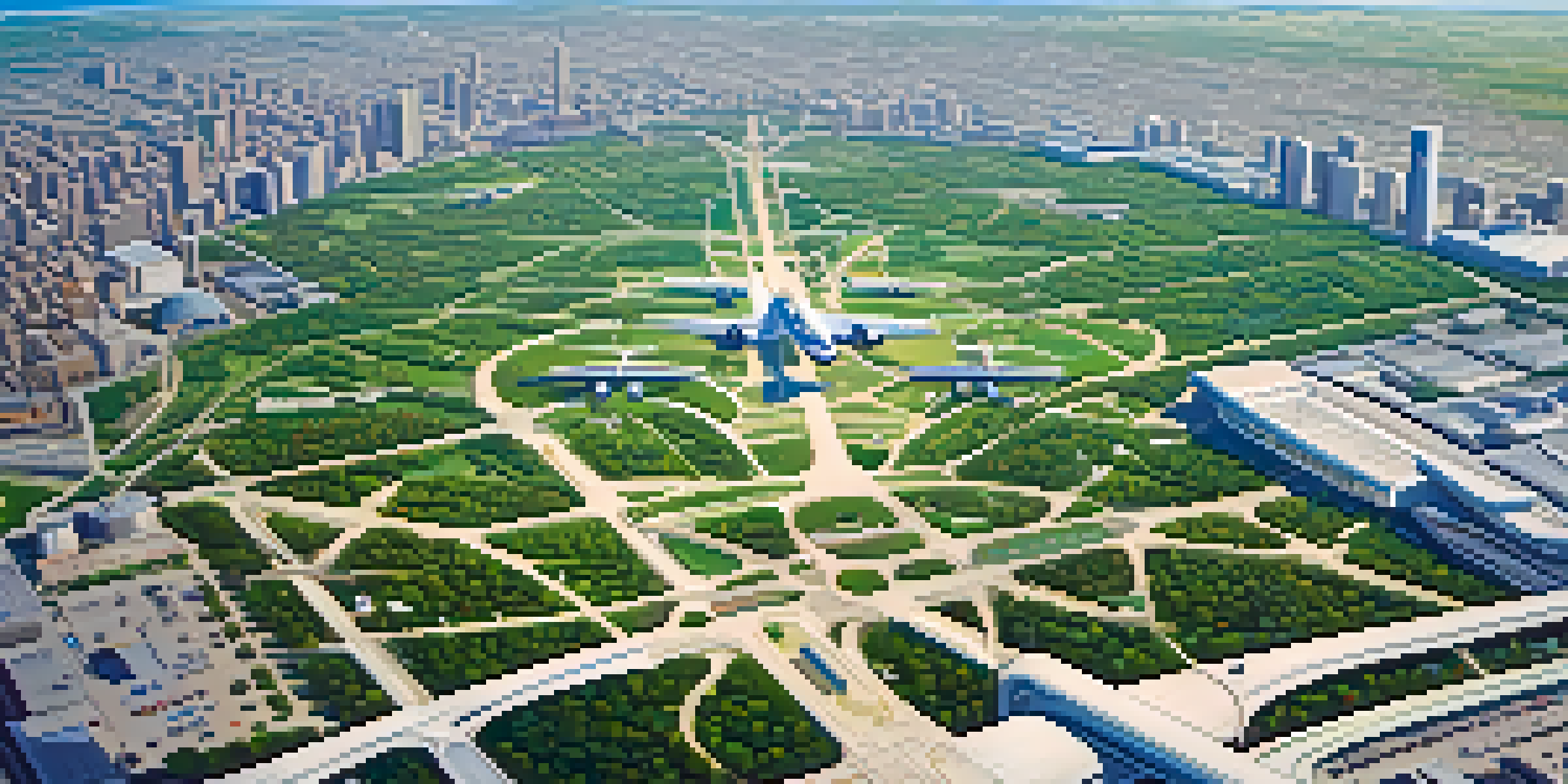 Aerial view of Chicago with O'Hare International Airport, planes in flight, city skyline, and green parks.