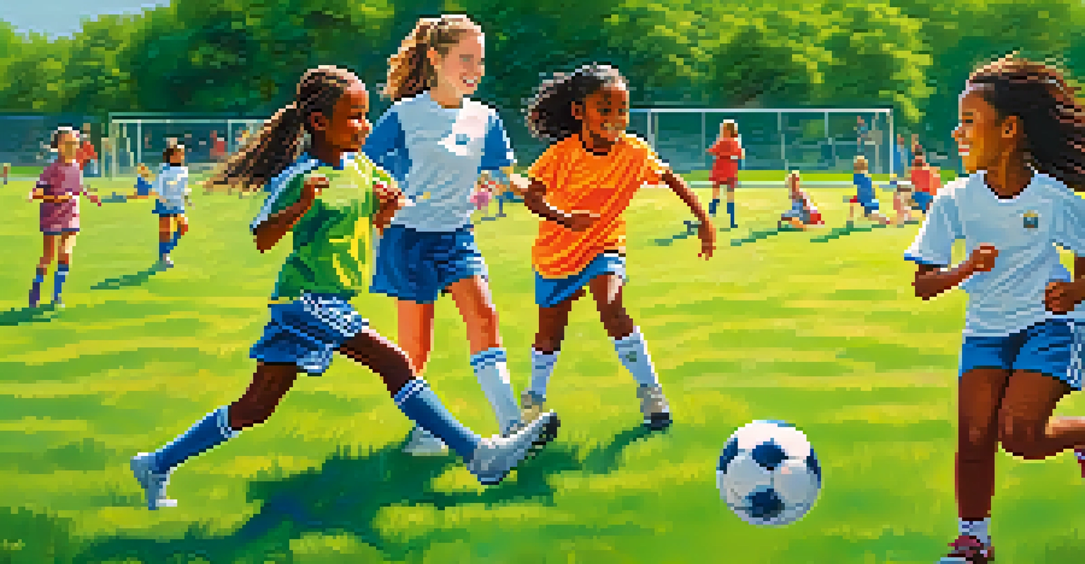 A diverse group of young girls practicing soccer together in a sunny park, showcasing teamwork and joy.