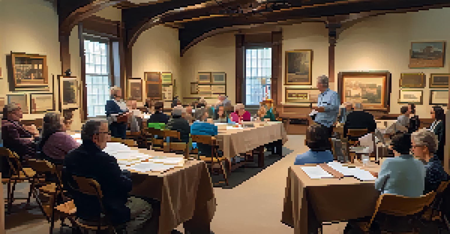 An educational workshop in a cozy room with historical artifacts, attendees listening to a speaker about local history.