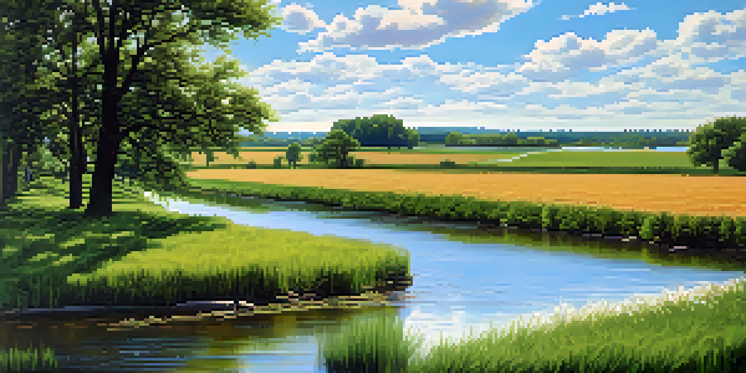 A peaceful river landscape in Illinois with green fields and a blue sky, highlighting the importance of clean water resources.