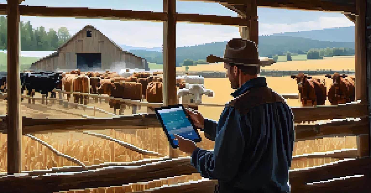 A farmer in a barn using a tablet to monitor livestock health, with cows in the background and natural light coming through the windows.