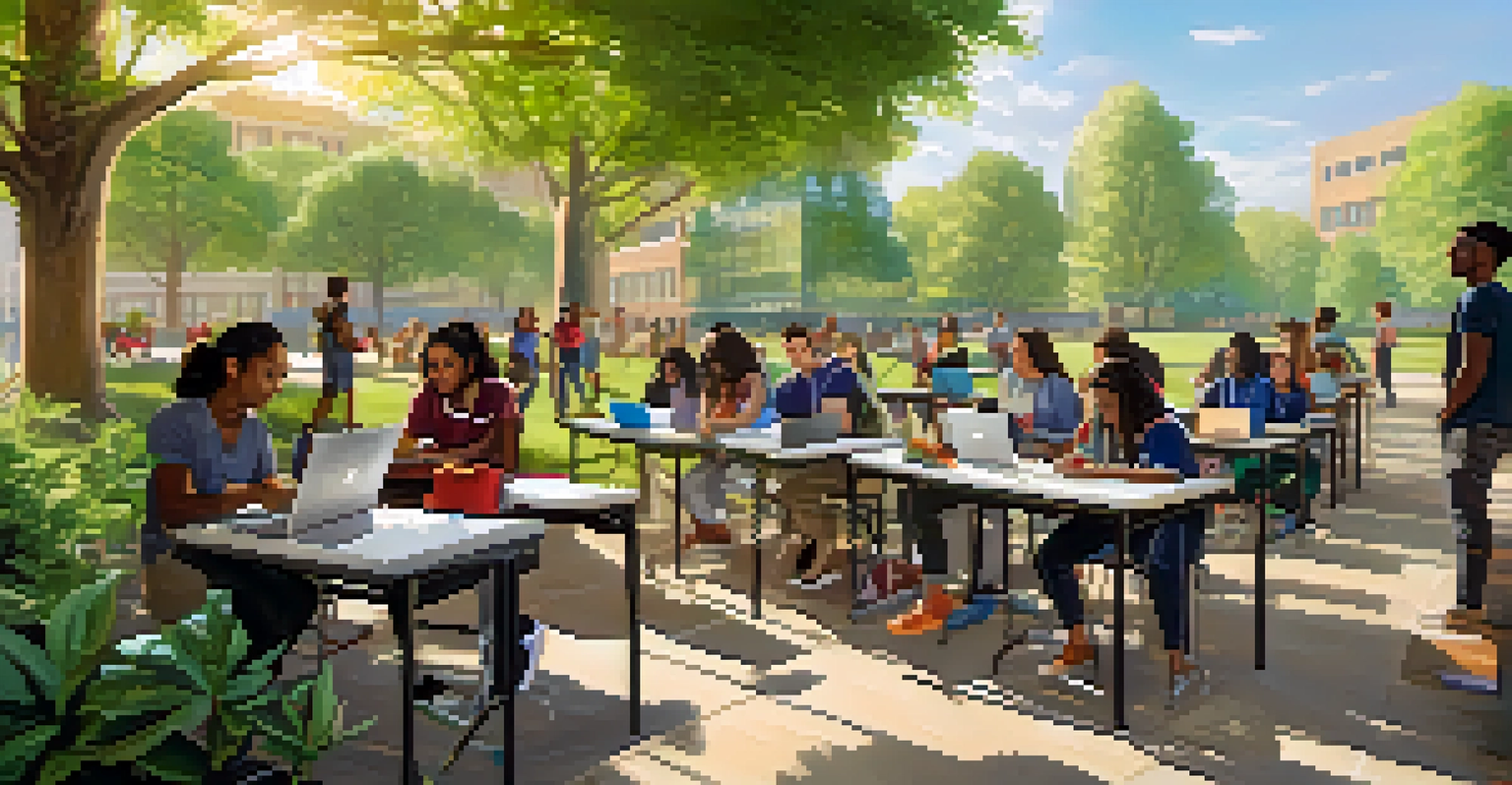 A diverse group of students participating in a technology workshop outdoors at a community college.